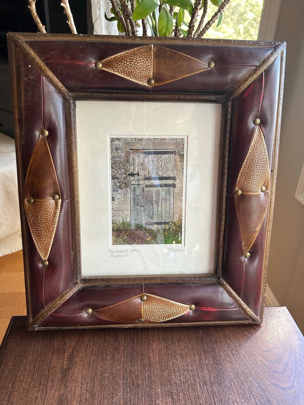 Vintage Mann burgundy textured padded leather picture frame brass stud 14x12.5”
